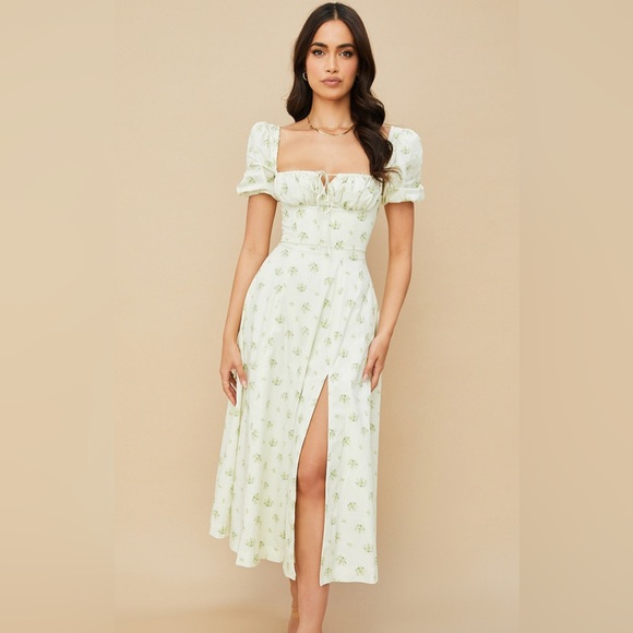 House of CB- TALLULAH 
IVORY FLORAL PUFF SLEEVE MIDI DRESS XS - Picture 3 of 12